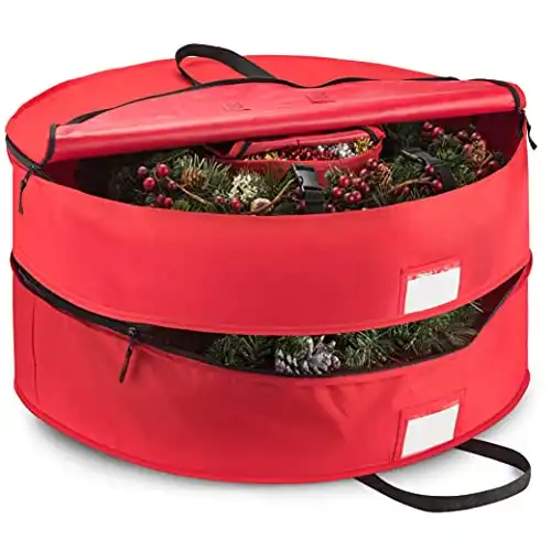 30 Inch Wreath Box, Garland Storage - 2 Zippers, Durable Handles 2 Pack (Red)