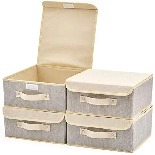 EZOWare 4-Pack Small Fabric Storage Basket Bin with Lid, Collapsible Storage Box Cube Organizer Container for Nursery, Closet, Bedroom - 10.5 x 10.5 x 5 inches, (Gray & Beige)