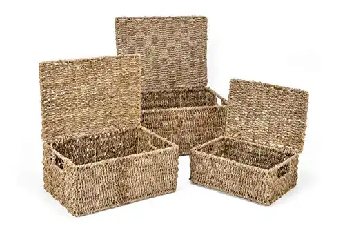 Trademark Innovations Set of 3 Rectangular Seagrass Baskets with Lids (Small)