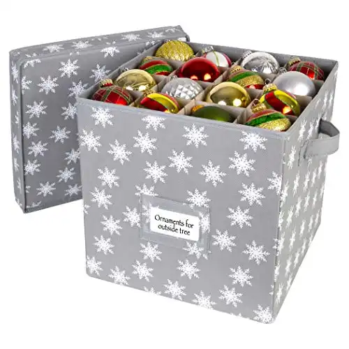 Christmas Ornament Storage Box with Lid Grey/White Snowflakes Trim