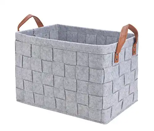 Collapsible Storage Basket Bins, Foldable Handmade Rectangular Felt Fabric Storage Box Cubes Containers with Handles- Large Organizer For Nursery Toys,Kids Room,Towels,Clothes, Grey 16"x11.8"...